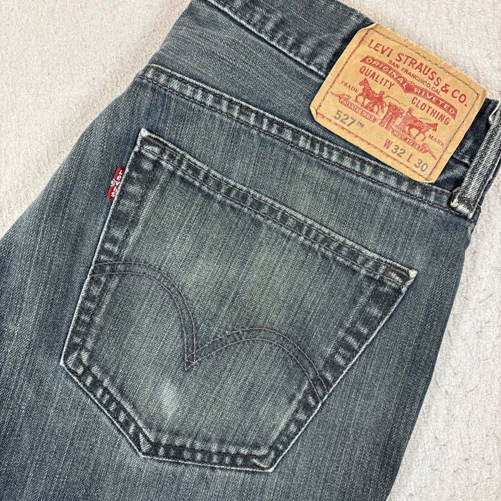 Y2K Levis 527 Jeans Mens 32x30 Dark Blue Bootcut Low Rise Distressed Thrashed
